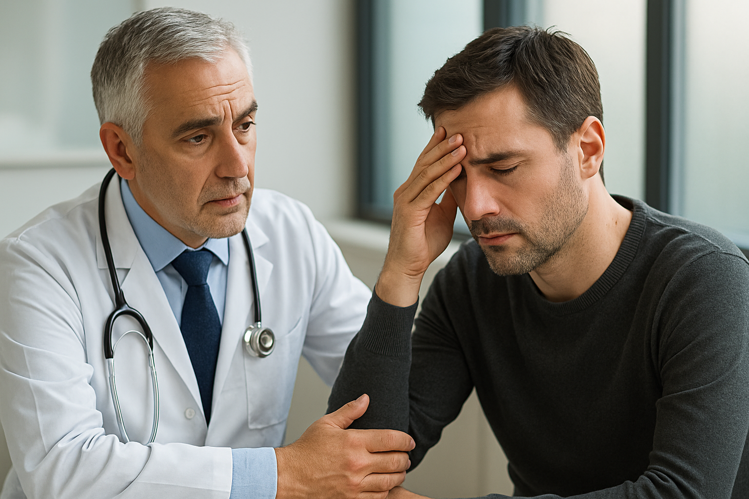 Dr. Roberto Silva em consulta empática com paciente sobre questões delicadas de saúde masculina